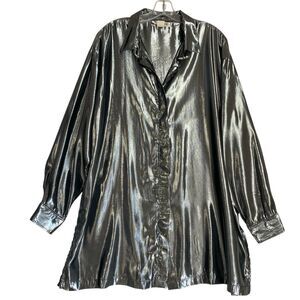 Vintage Victoria Jones Y2K Tunic Top 2X Metallic Liquid Silver Disco Flowy Fairy
